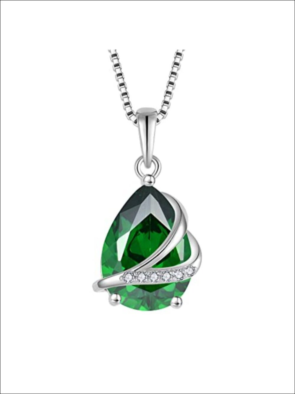 925 Sterling Silver Created Emerald Teardrop Birthstone Necklace